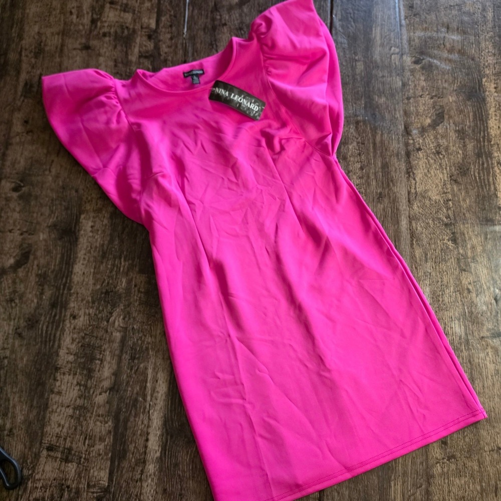 NINA LEONARD Sheath Dress Womens Large Hot Pink Ruffle Flutter Sleeve L9812AF